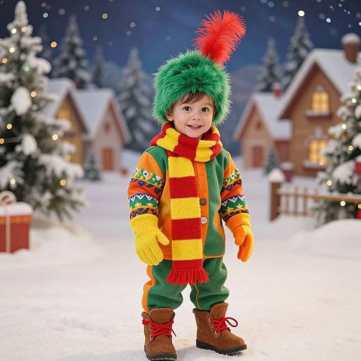 Photograph of a smiling toddler in colorful winter outfit with green fur hat, red feather, yellow-orange scarf, and boots, standing in snowy village at