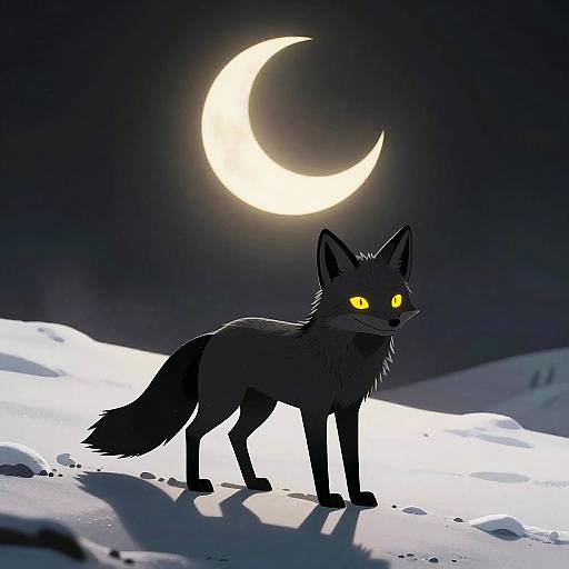 Digital illustration of a black wolf with glowing yellow eyes standing on a snow-covered hill under a bright crescent moon.