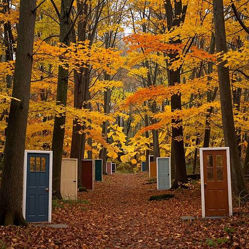 Photograph of a forest path lined with autumn leaves, featuring colorful, weathered doors in blue, white, and brown, standing upright among tall trees