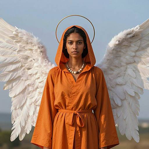 Angel Woman in Orange Hooded Robe with White Feather Wings