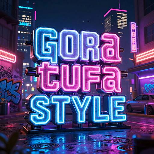 Neon-lit street sign reads 