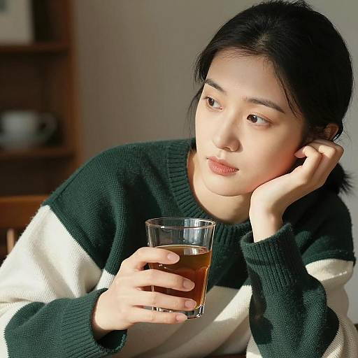 Asian Woman Holding Glass of Tea