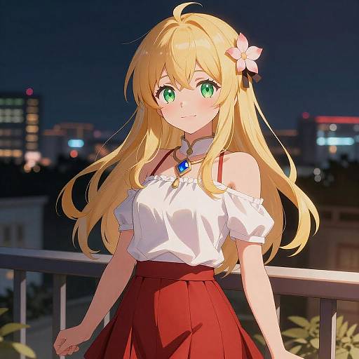 Cute Anime Girl on Balcony at Night