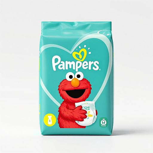 Photograph of a blue Pampers diaper package featuring Elmo from Sesame Street holding a diaper, with a heart logo and yellow sun.