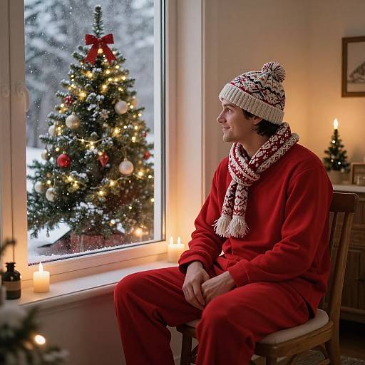 Photograph of a man in red Christmas pajamas and white-patterned beanie, sitting by a window with a lit Christmas tree outside.