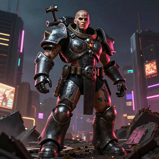 CGI image of a muscular, bald, cybernetic warrior in dark, shiny armor standing in a neon-lit, ruins-filled futuristic city at
