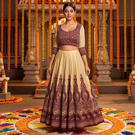 Indian woman in traditional maroon and gold embroidered lehenga, standing in ornate temple-like setting adorned with marigolds and colorful flower garlands.