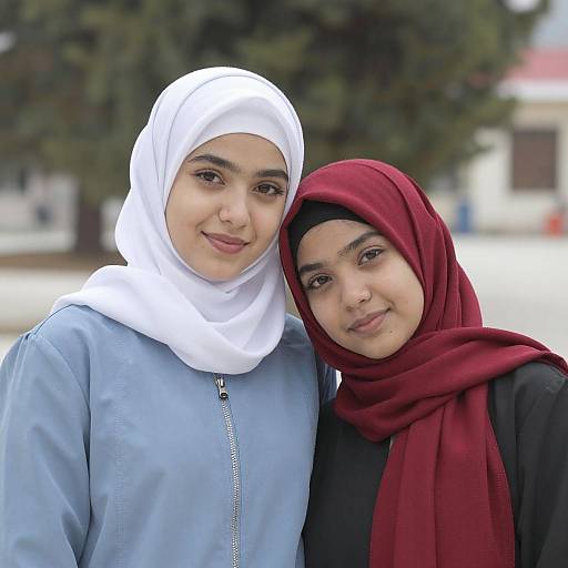 Two Women in Hijabs Amid Snowy Trees