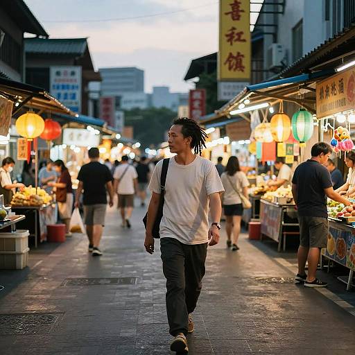 Photograph of a bustling evening market: Asian man with dreadlocks, white t-shirt, black pants, walks past lit food stalls, people, and