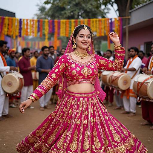 Photograph of a smiling Indian bride in a vibrant pink and gold traditional lehenga, dancing in front of a drumming ensemble. Colorful garlands