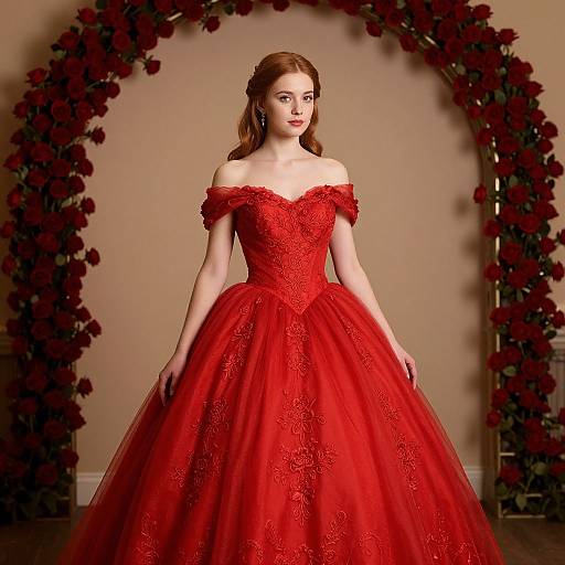 Photograph of a fair-skinned woman with red hair in an off-the-shoulder, red lace ball gown, standing in front of a dark