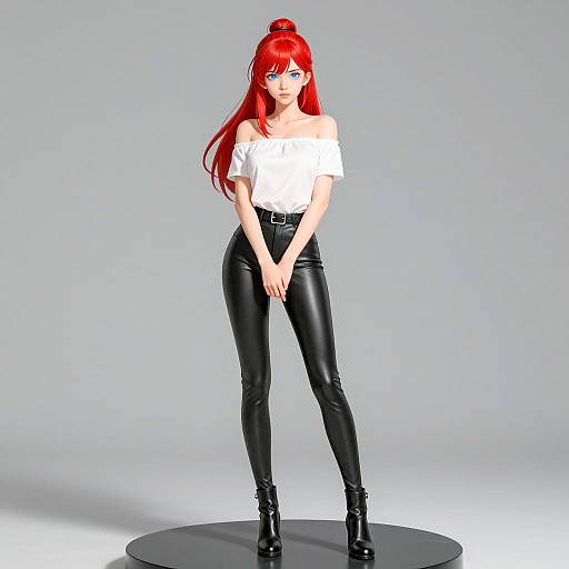 Anime-style Woman with Red Hair in Leather Pants