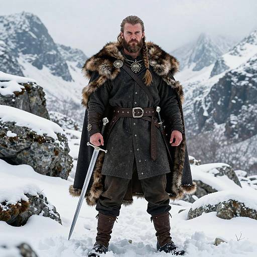 Stoic Viking Warrior in Snowy Mountains