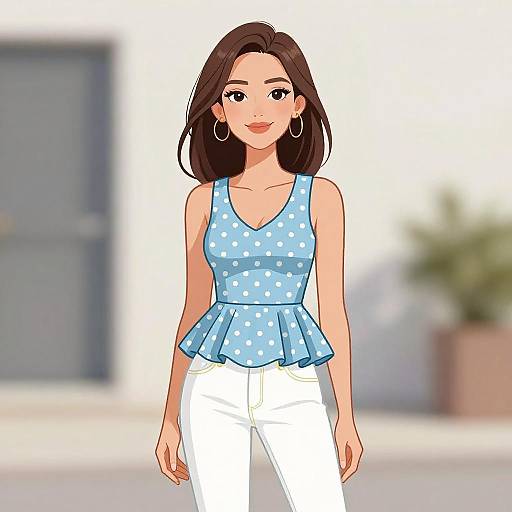 Digital drawing of a smiling woman with dark brown hair, wearing a blue polka-dot tank top and white pants, standing in a blurred outdoor setting.