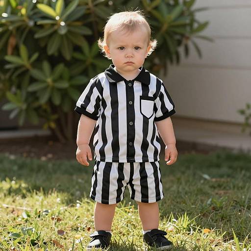 Toddler in Referee Costume Standing Outdoors
