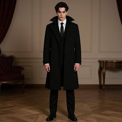 Photograph of a serious-looking man in a black trench coat, white shirt, black tie, and black pants, standing in an elegant, dimly