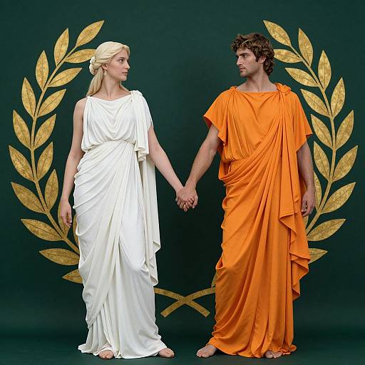 Photograph of a blonde woman in a white Greek-style dress holding hands with a dark-haired man in an orange toga, both standing against a dark