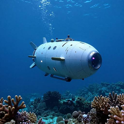 Photograph of a white, round, robotic underwater drone with a dome camera, floating amidst vibrant coral reefs in deep blue ocean water.