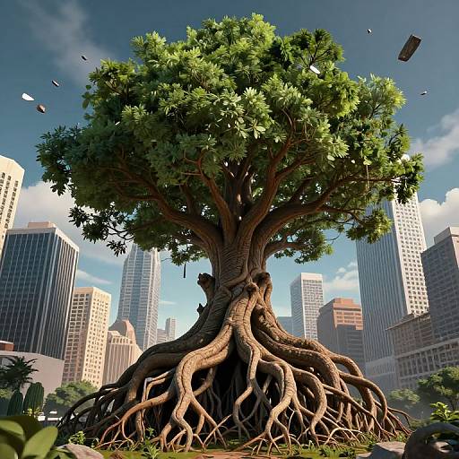 Photorealistic CGI image of a giant tree with sprawling roots in a modern cityscape, skyscrapers in the background, blue sky, and scattered