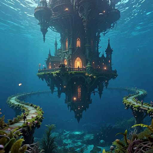 Fantastical, illuminated, floating Gothic castle in deep blue underwater, surrounded by coral and seaweed, with a winding path leading to it. Digital
