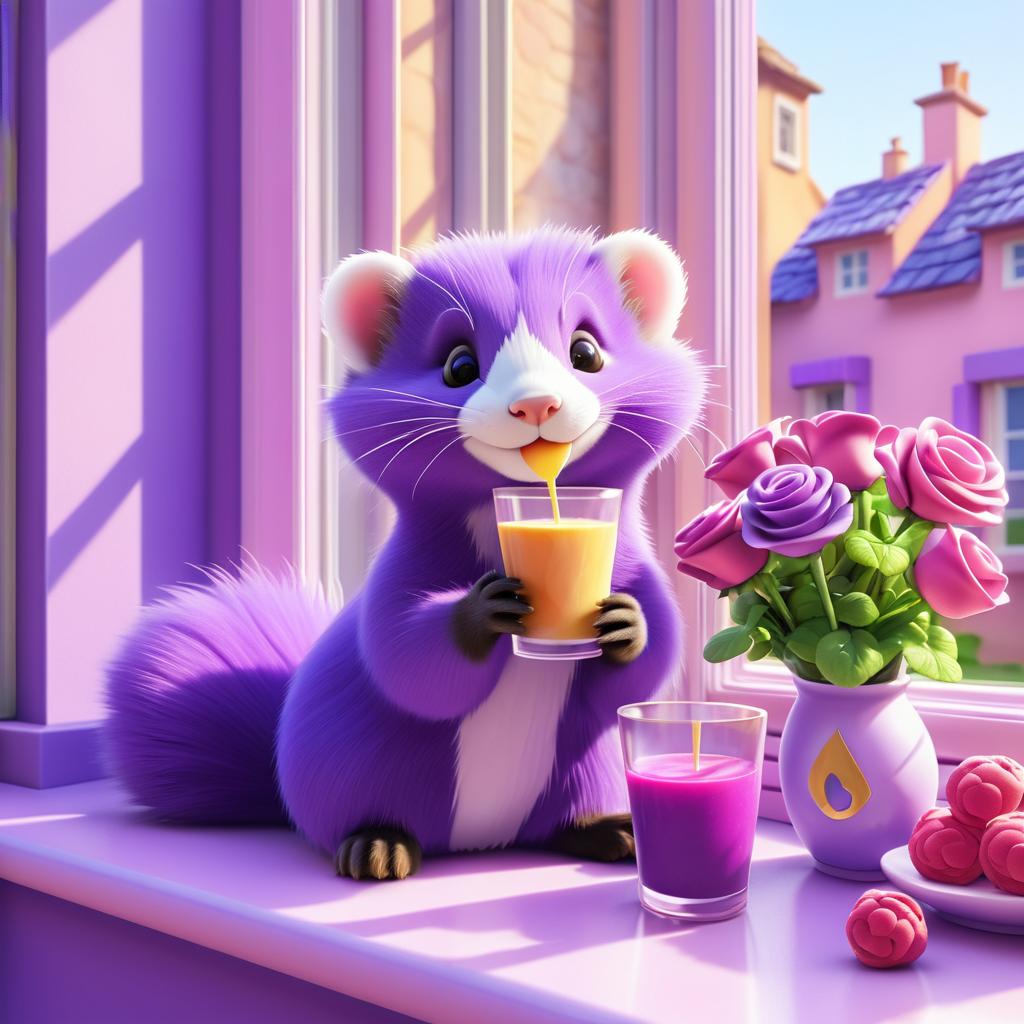 Cute Purple Ferret Enjoying a Smoothie