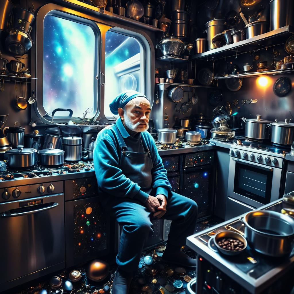 Grumpy Alien Chef in a Cluttered Kitchen