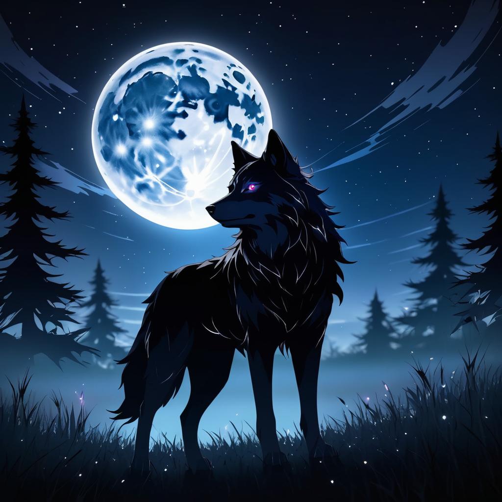 Eerie Spectral Wolf in Moonlit Meadow