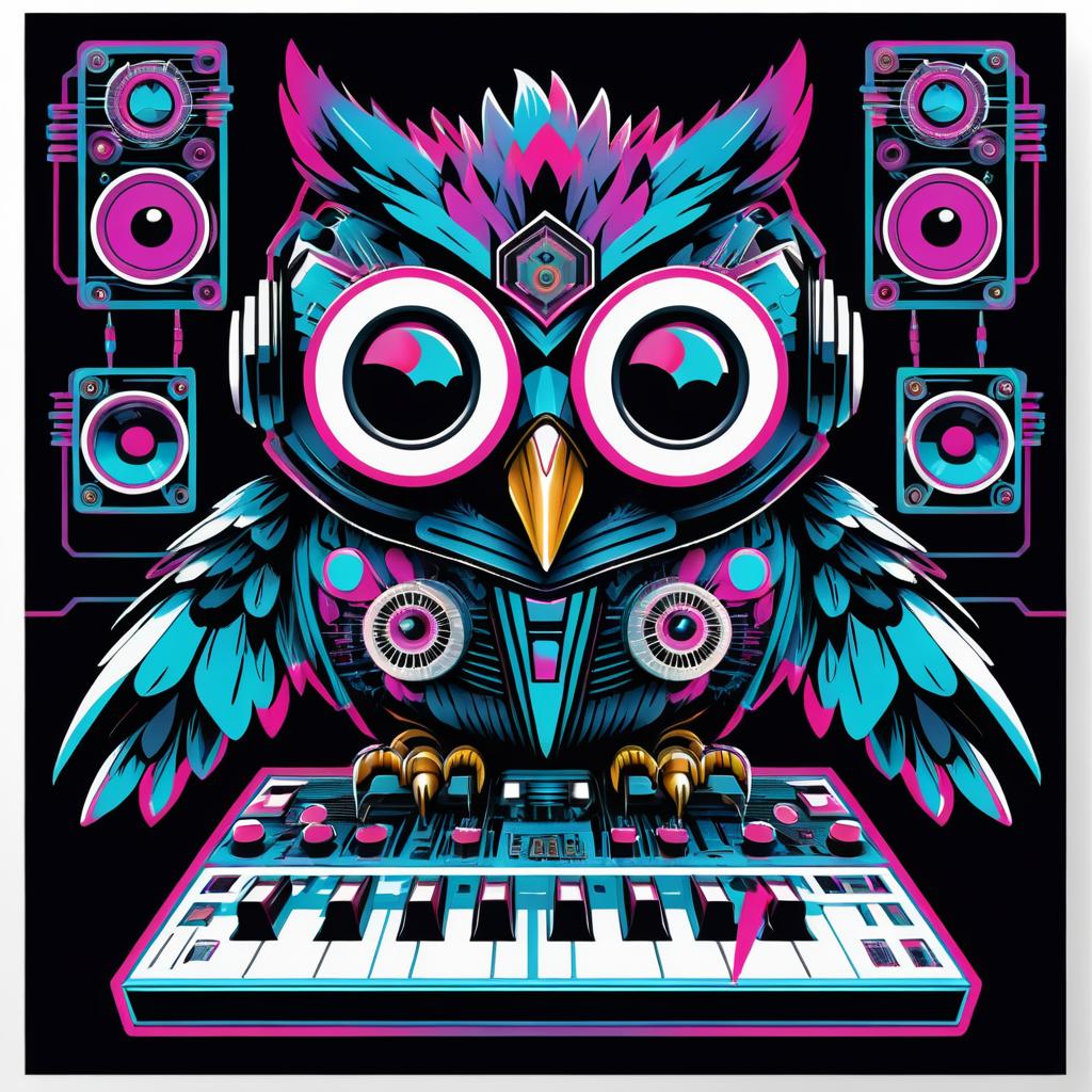 Cyborg Owl in Retro Synthpop Style