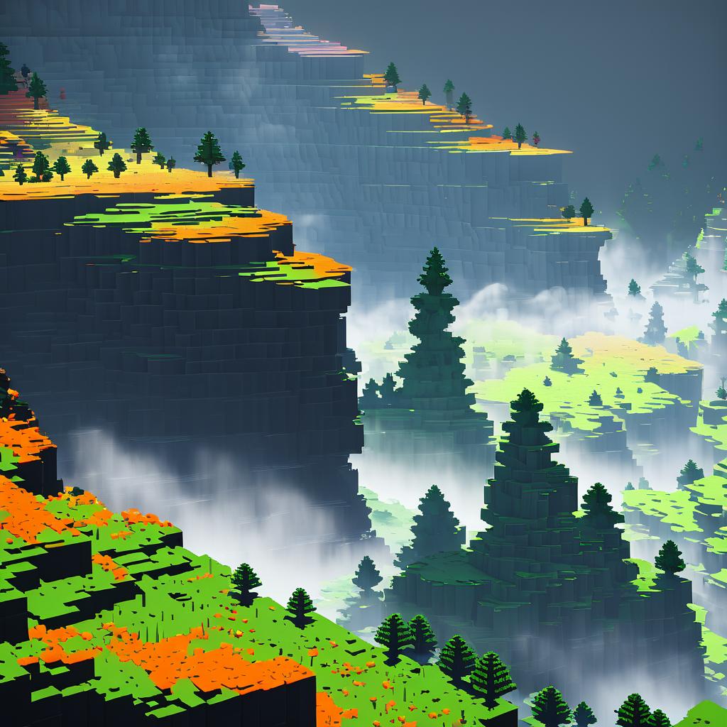 Voxel Cliffs with Mist and Sunlight