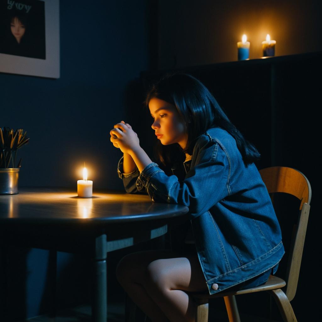 Girl in Denim Jacket in Dark Room