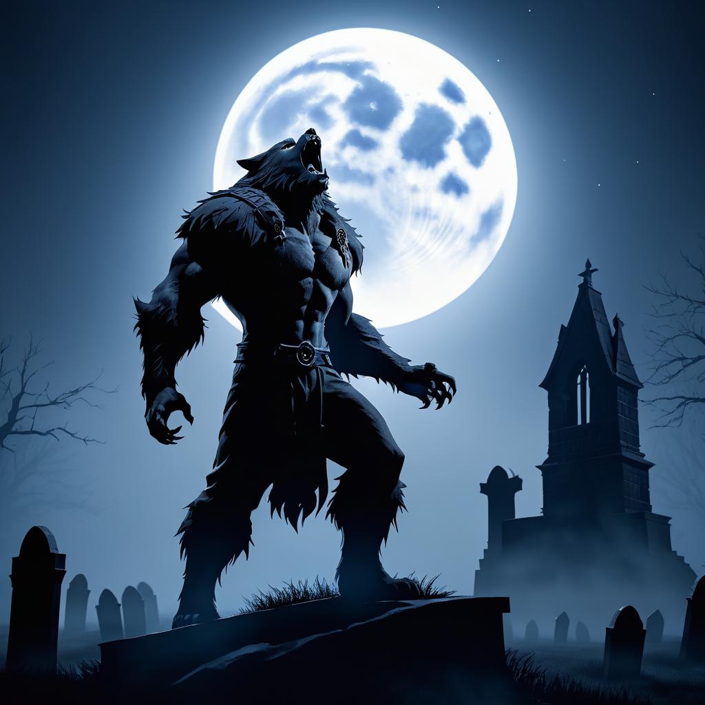 Misty Graveyard Werewolf Howling at Moon