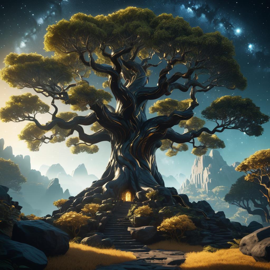 Majestic Obsidian Tree in Fantasy Landscape