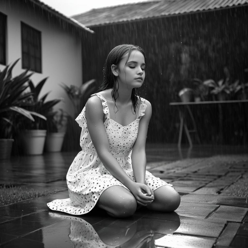 Girl in Summer Dress During Rainstorm