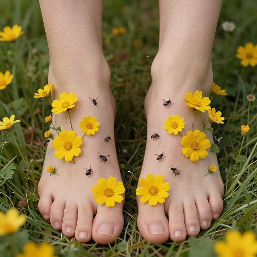 Photograph of fair-skinned bare feet on grass, adorned with yellow daisies and small black ants, creating a natural, whimsical scene.