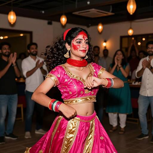 Photograph of a curvy Indian woman with dark curly hair, red face paint, and pink-gold traditional attire, dancing in a dimly lit