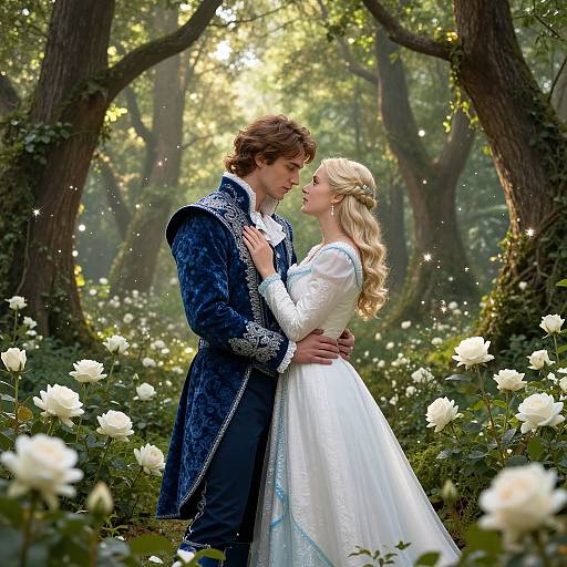 Photograph of a romantic forest scene: a blonde woman in a white, lace dress and a brown-haired man in a blue velvet coat, standing among