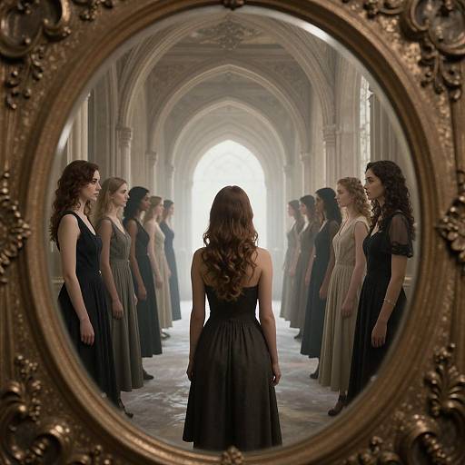 Photograph of a woman in a black dress, viewed through an ornate circular mirror, standing in a Gothic hall with rows of women in elegant dresses
