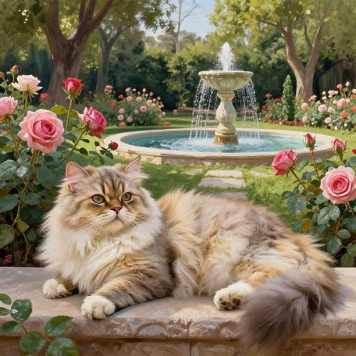 Photograph of a fluffy, long-haired, brown and white cat lounging on a garden stone near a circular fountain with water cascading, surrounded by