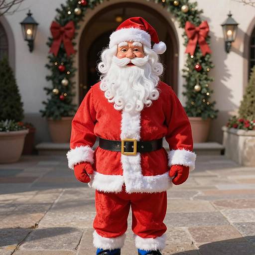 Photograph of a jovial, white-bearded Santa Claus in a red suit and hat, standing on a stone patio with decorated Christmas trees and red