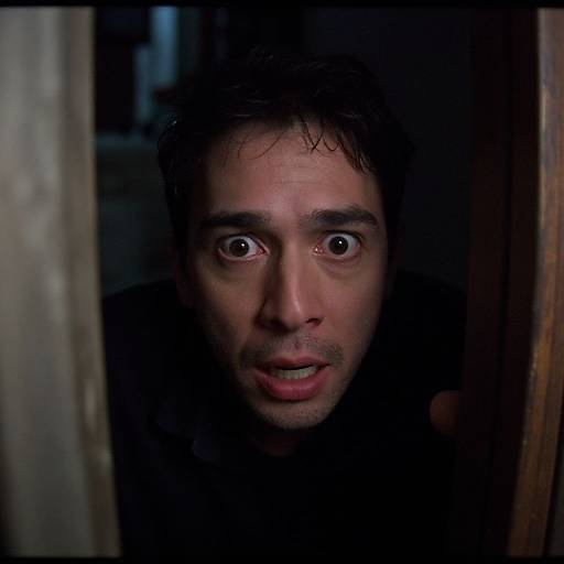 Photograph of a startled man with dark hair and brown eyes peering through a dark doorway, mouth slightly open, illuminated by dim light.