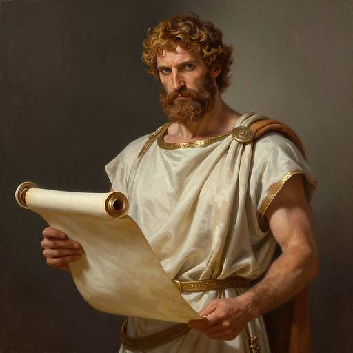 Photorealistic digital painting of a bearded, muscular man with curly brown hair, wearing a white Roman-style tunic, holding an unrolled parchment