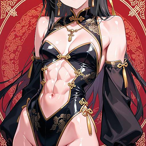 Digital anime-style artwork of a muscular, fair-skinned woman with long black hair, wearing a revealing black and gold latex bodysuit. Red orn