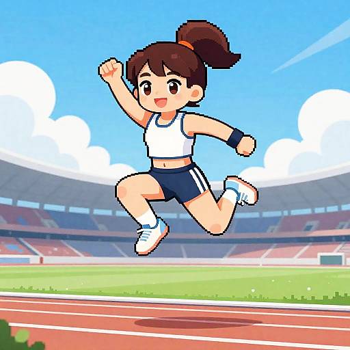 Pixel Art Female Athlete Jumping in Stadium