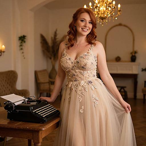 Photograph of a smiling red-haired woman in a beige, lace-embellished, V-neck ball gown, standing beside an antique typewriter in