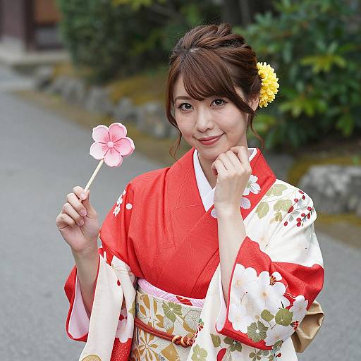 Smiling Woman in Floral Kimono
