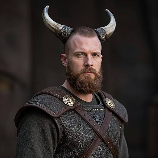 Photograph of a bearded man with a bald head, wearing dark armor and horned helmet, standing against a dark background.