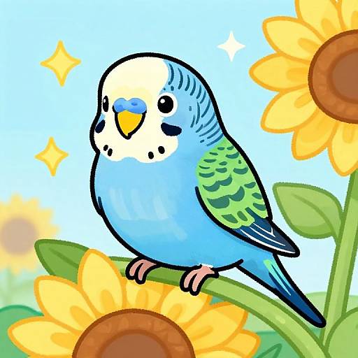Colorful digital illustration of a blue and green parakeet with a yellow beak, perched on a sunflower stem, surrounded by bright yellow