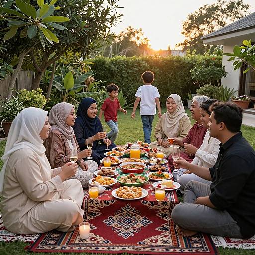 Photograph of a multicultural family enjoying a sunset dinner on a patterned rug in a lush backyard, surrounded by candles and food.