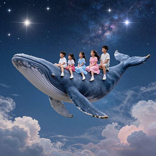 Digital artwork of five Japanese children sitting on a giant blue whale in a starry night sky with clouds. The kids wear colorful clothes, and the whale