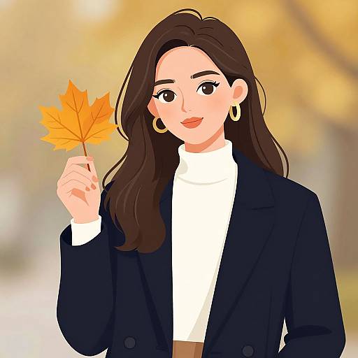 Digital illustration of a smiling woman with long brown hair, holding an orange maple leaf, wearing a black blazer, white turtleneck, and gold